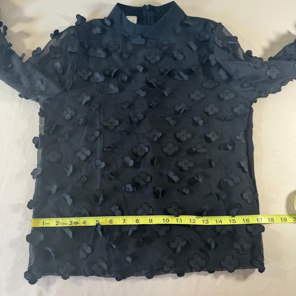 I Love Wen Le Black Sheer Mock Neck Blouse 3D Floral Applique Long Sleeve Size S - Picture 3 of 11